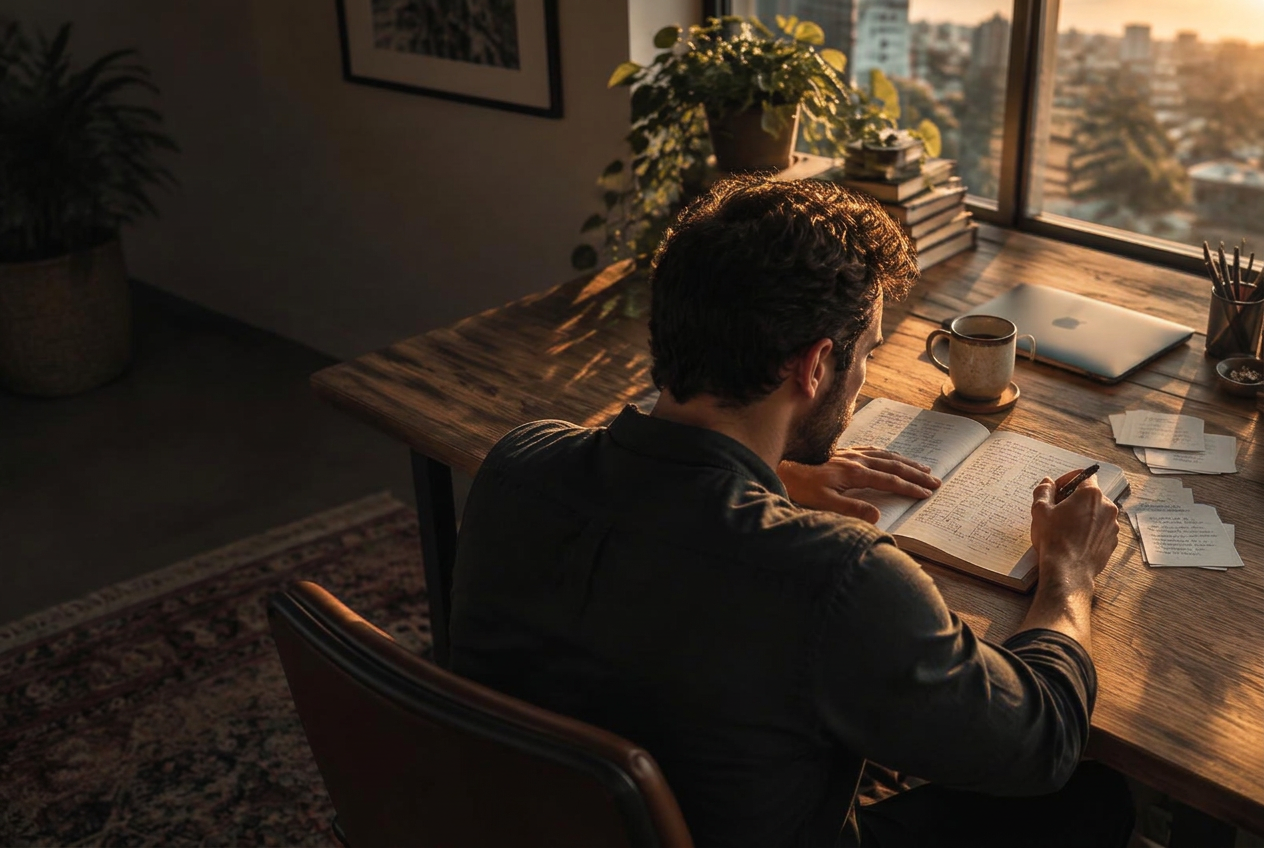 Reflecting on handwritten notes at a sunlit desk