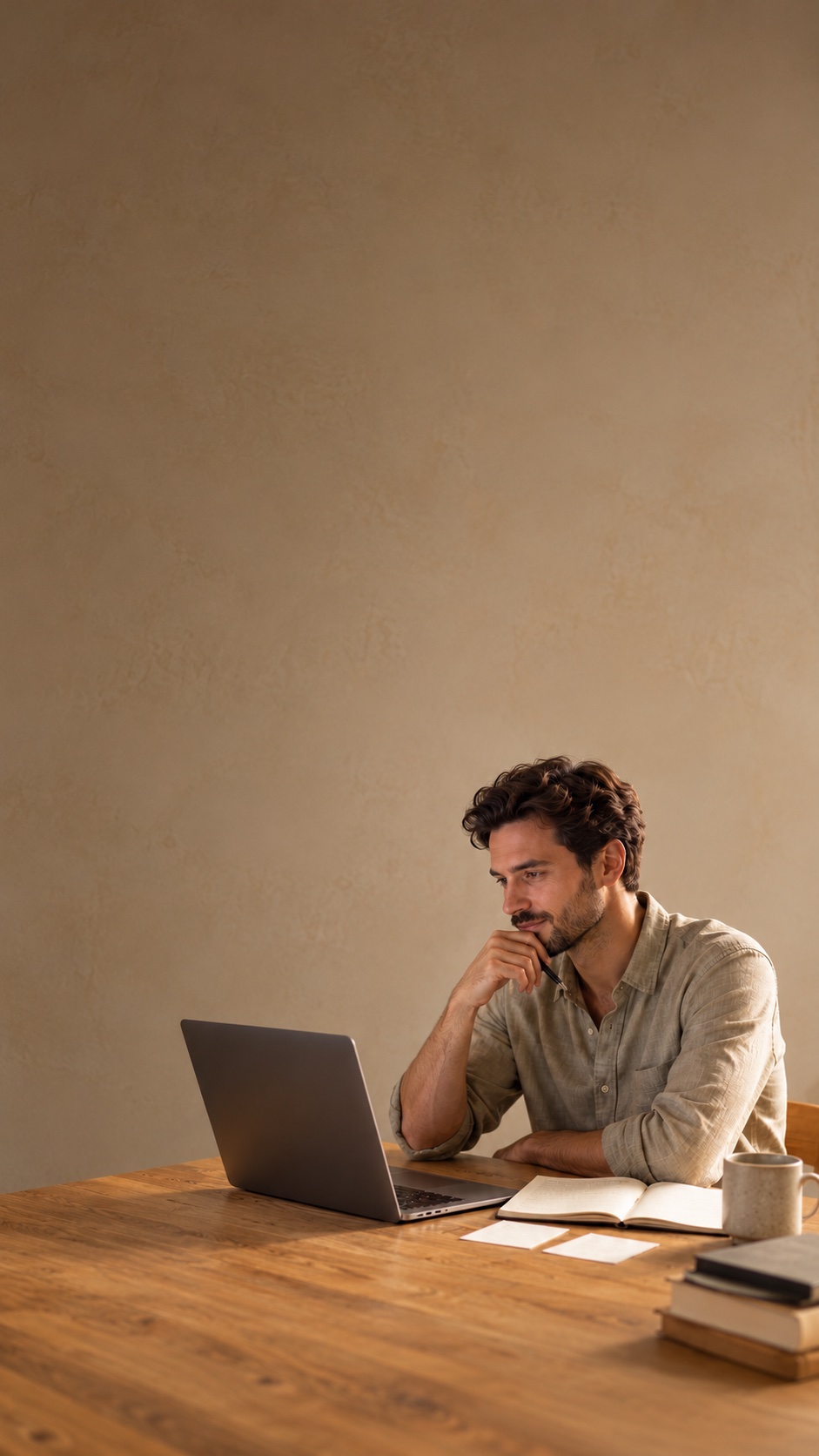 A person preparing an interview answer with an open laptop and notes at a sunlit desk